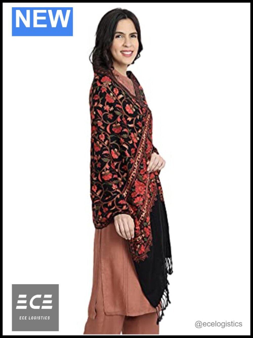 Wool Pashmina Shawl Wrap Stole with Indian Kashida Embroidery